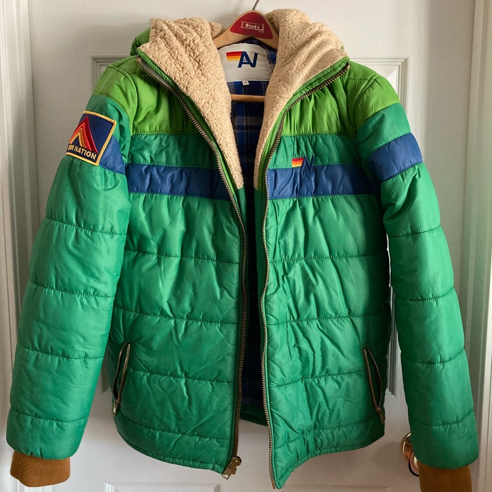 Unisex Aviator Nation Hooded Trekker Puffer  - Kelly Green Winter Coat -Medium